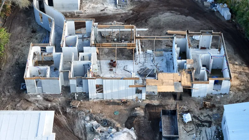 Overhead drone view of the printed residence showing the complete floor plan.