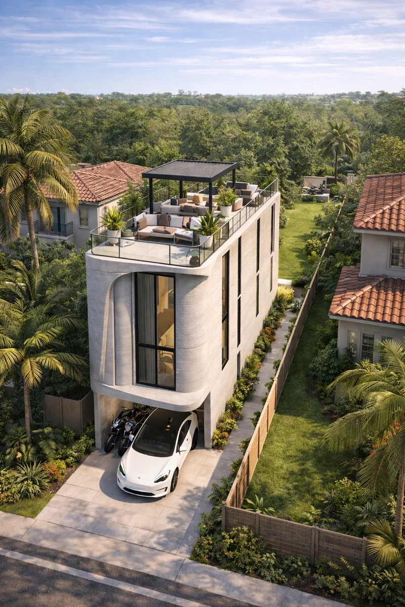 Rendering of a narrow multi-storey printed concrete home with a rooftop terrace and ground-floor garage.
