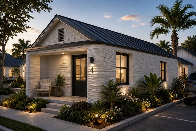 Concept rendering of one two-bedroom cottage with a covered front porch and a dark metal roof.