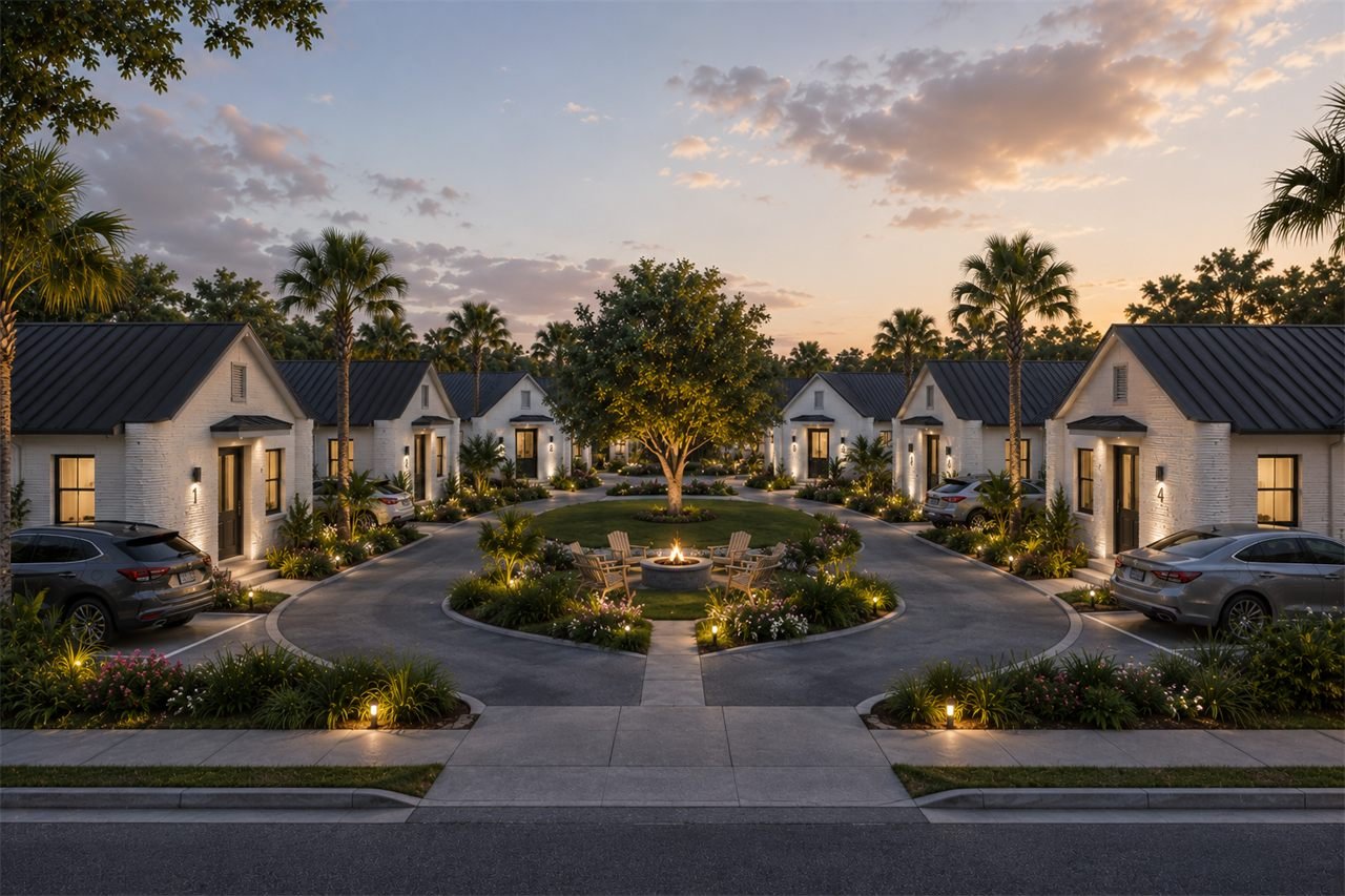 Concept rendering of the Millville Cottage Court at dusk: white printed cottages with dark metal roofs around a central green with a fire pit.