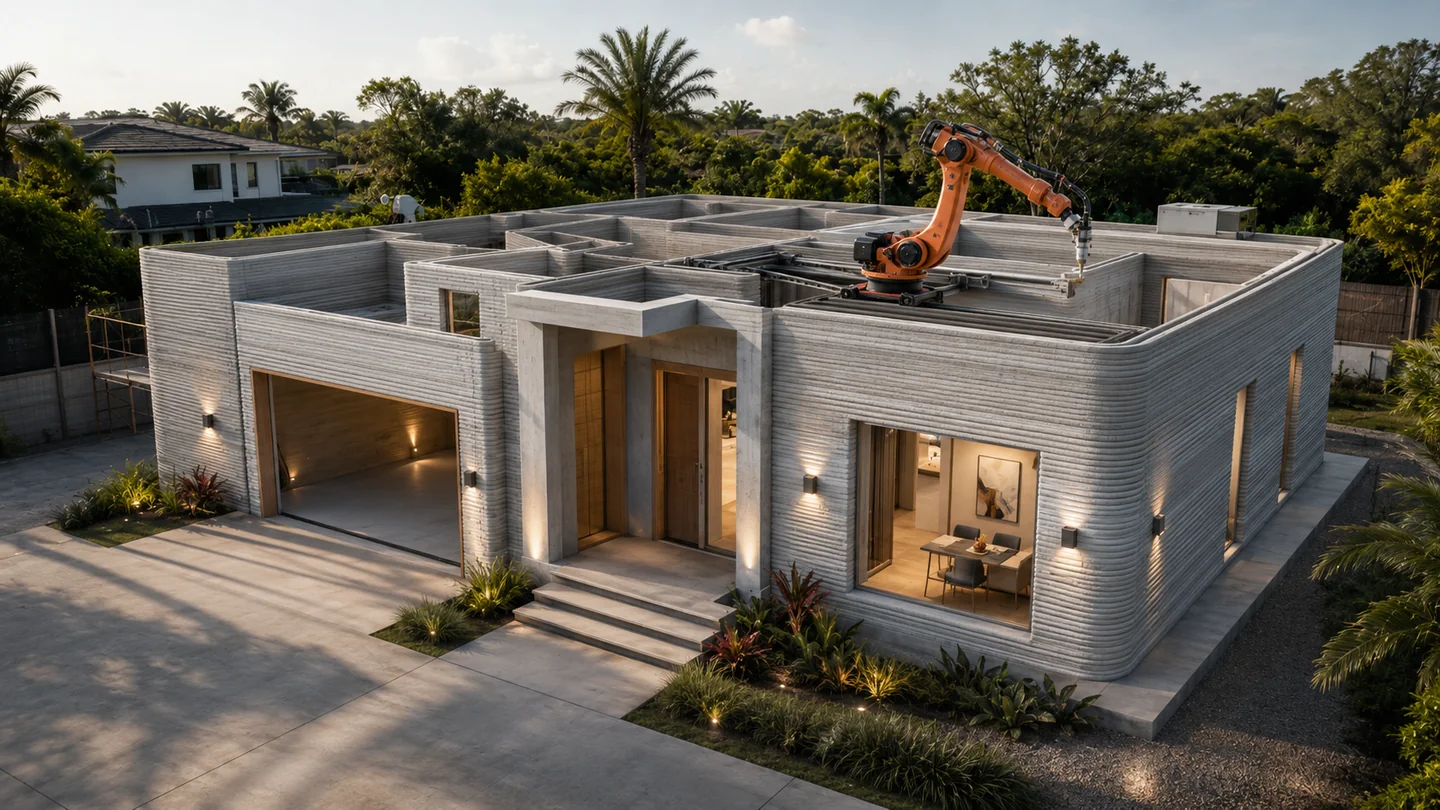 The same home, 3D printed in concrete, with the robotic printing arm still in place.