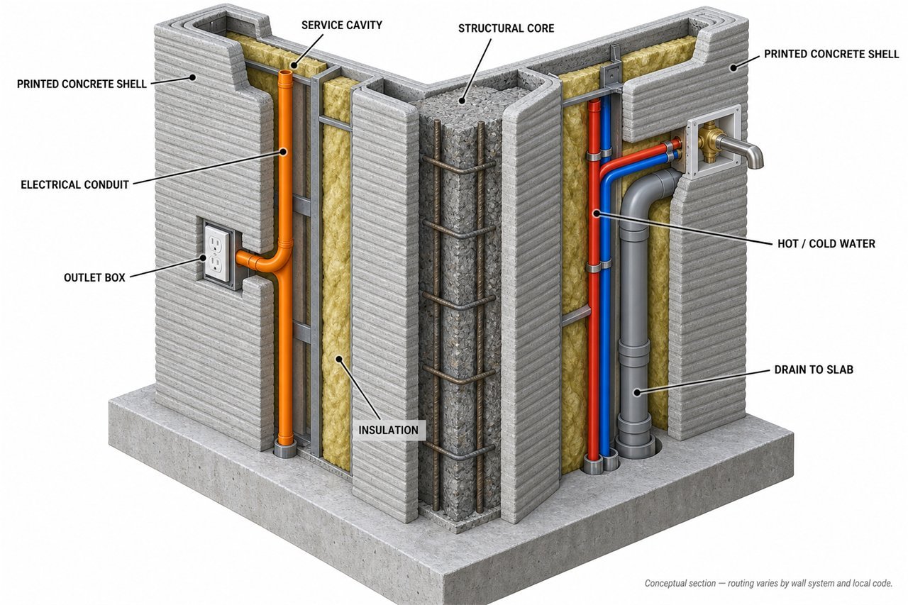 Cutaway of a 3D printed concrete corner: two printed concrete shells, a rebar-reinforced structural core at the corner, insulation, and a service cavity carrying electrical conduit, an outlet box, hot and cold water lines and a drain to the slab.